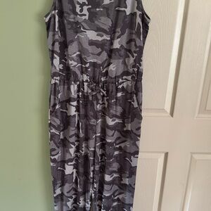 Gray Camouflage Sleeveless drawstring waist, pearl button back jumpsuit